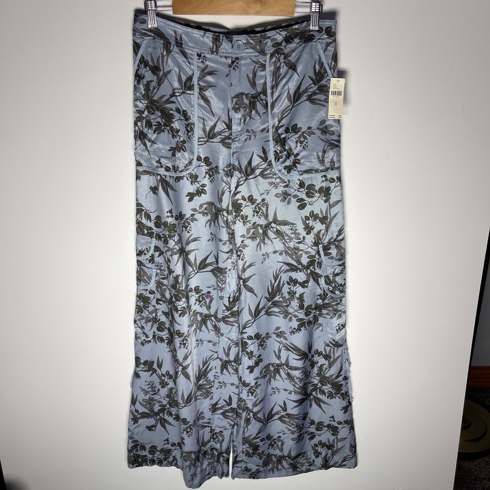 Anthropologie Floral Cargo Pants Wedgewood Blue Wide Leg Lace Up Size 10 NEW